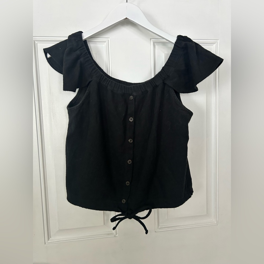 Chic Black Button-Down Blouse with Ruffle Detail